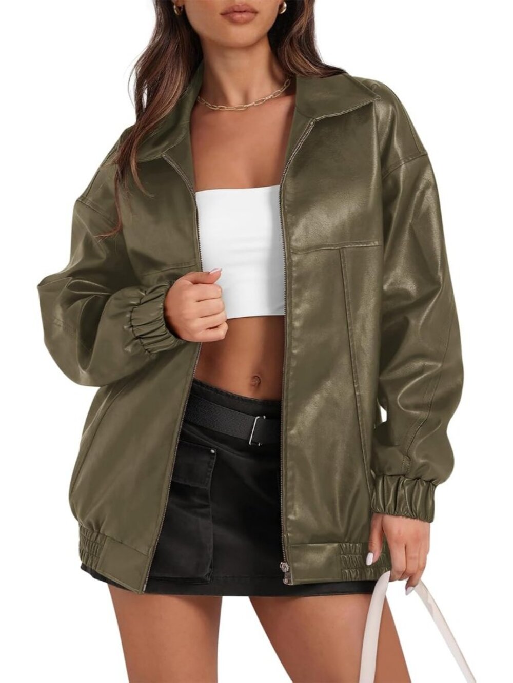 Women's Military Green Oversized ZIP Up Fall Winter Casual Faux Leather Jacket